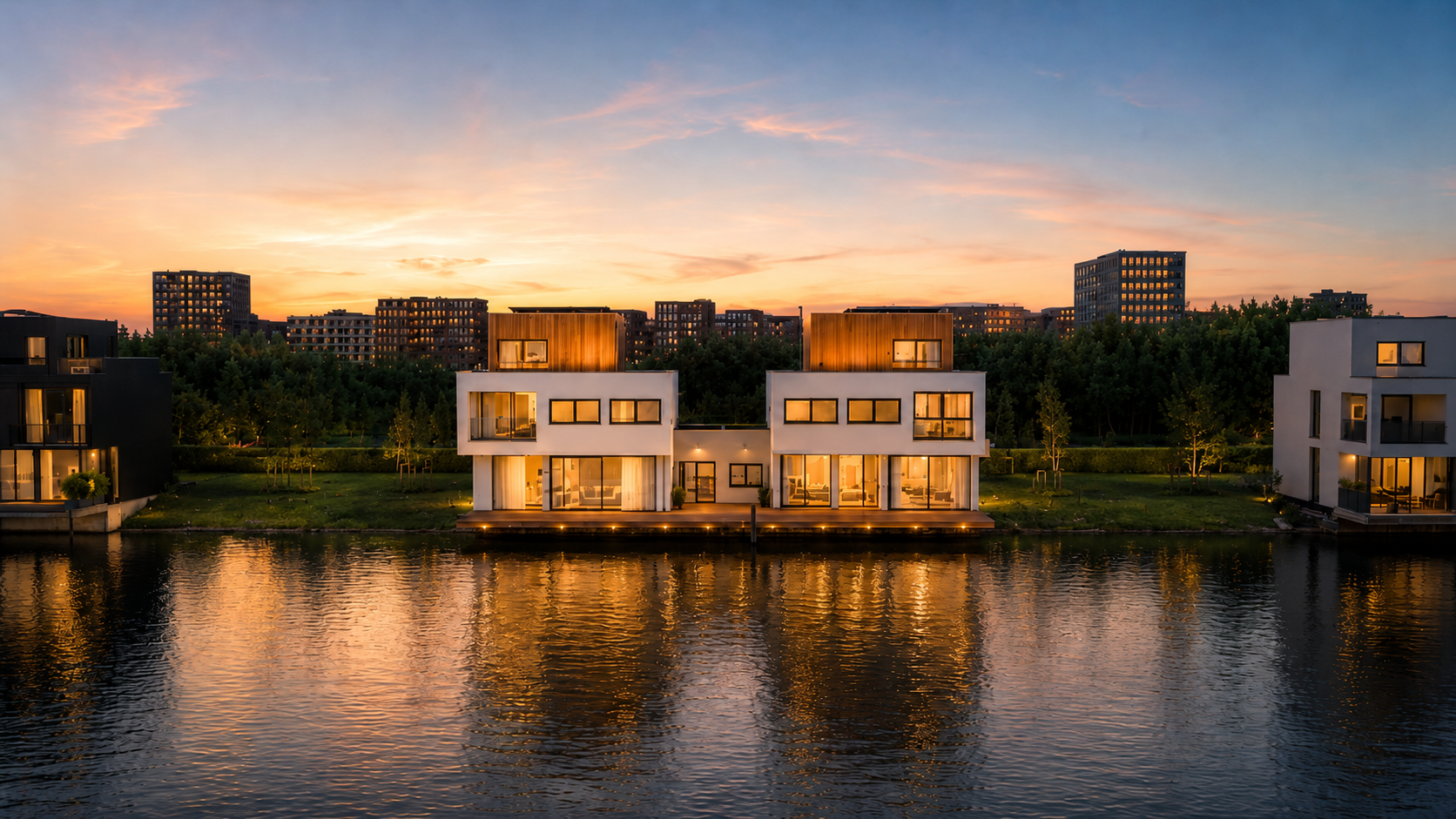 Conceptbeeld van woningen aan het water bij zonsondergang